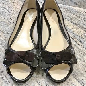 Enzo Angiolini Black Patent Leather Bow Peep-Toe Flats